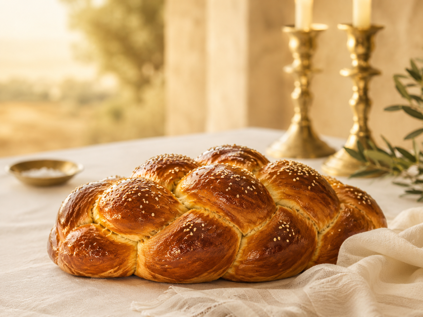 Braided challah on a Shabbat table