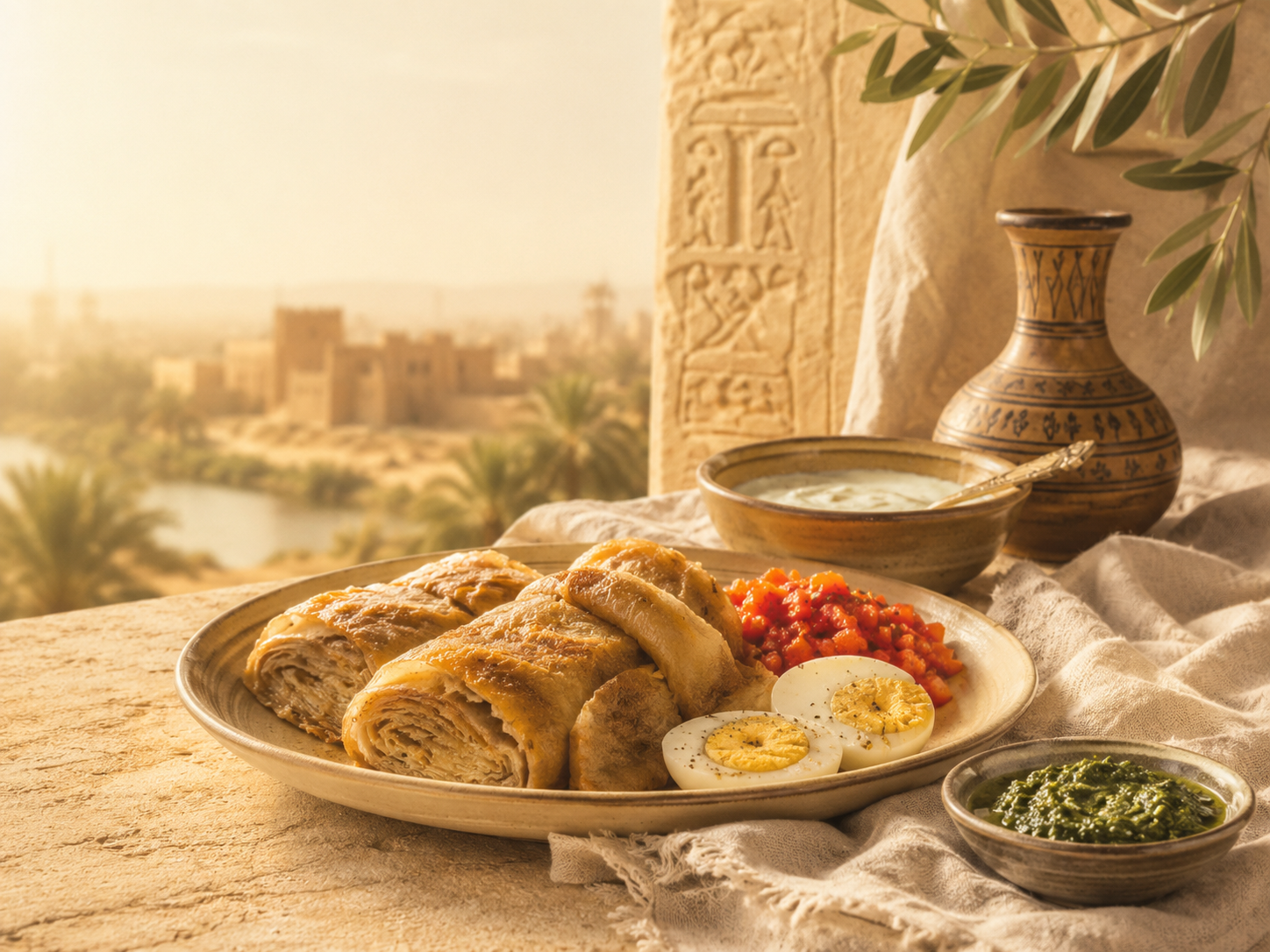 Yemeni Jewish jachnun with egg, tomato, and sauces